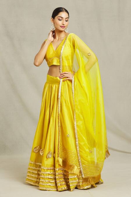 Buy Adara Khan Yellow Dupatta Organza, Lehenga And Blouse Cotton Gota Applique Embellished Set Online at Aza Fashions Buy_Adara Khan_Yellow Dupatta Organza, Lehenga And Blouse Cotton Gota Applique Embellished Set_Online_at_Aza_Fashions