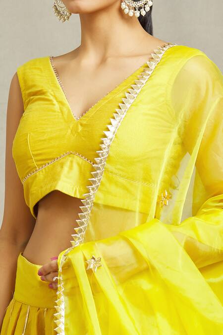 Shop Adara Khan Yellow Dupatta Organza, Lehenga And Blouse Cotton Gota Applique Embellished Set Online at Aza Fashions Shop_Adara Khan_Yellow Dupatta Organza, Lehenga And Blouse Cotton Gota Applique Embellished Set_Online_at_Aza_Fashions