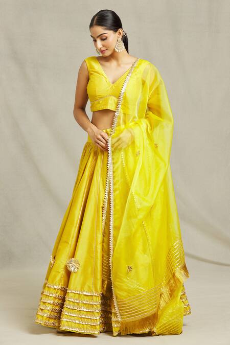 Shop Adara Khan Yellow Dupatta Organza, Lehenga And Blouse Cotton Gota Applique Embellished Set at Aza Fashions Shop_Adara Khan_Yellow Dupatta Organza, Lehenga And Blouse Cotton Gota Applique Embellished Set_at_Aza_Fashions