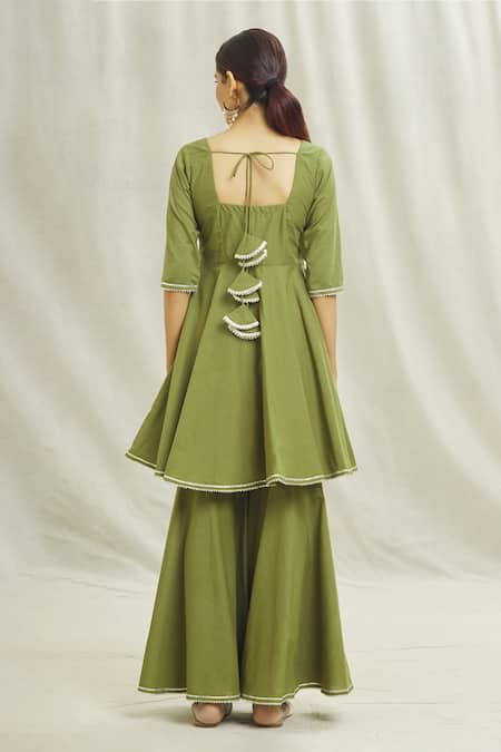 Shop Naintara Bajaj Green Cotton, Kota Doria Patti Anarkali Set With Leheriya Pattern Dupatta at Aza Fashions Shop_Naintara Bajaj_Green Cotton, Kota Doria Patti Anarkali Set With Leheriya Pattern Dupatta _at_Aza_Fashions