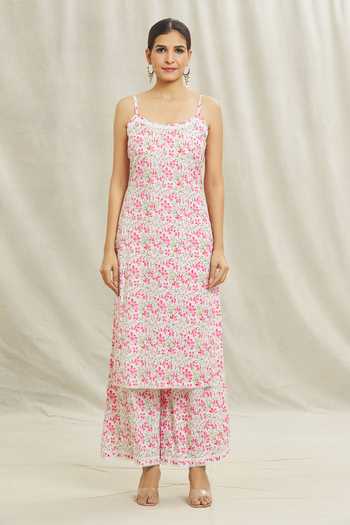 Khwaab By Sanjana Lakhani_Pink Cotton, Net Embroidery, Lace Scoop Neck Floral Print Kurta Pant Set _Online_at_Aza_Fashions