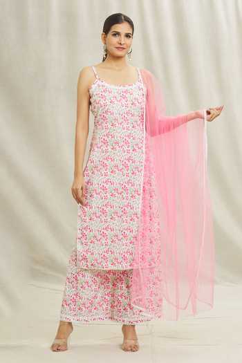 Buy_Khwaab By Sanjana Lakhani_Pink Cotton, Net Embroidery, Lace Scoop Neck Floral Print Kurta Pant Set _Online_at_Aza_Fashions