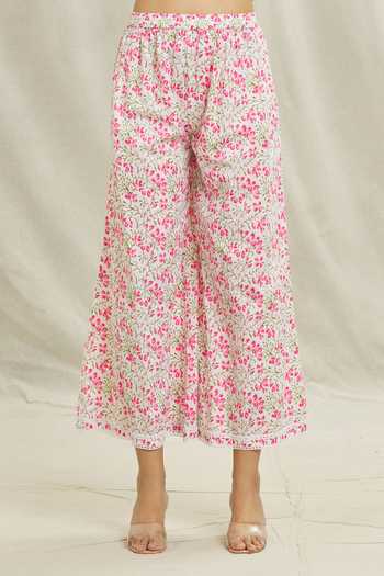 Khwaab By Sanjana Lakhani_Pink Cotton, Net Embroidery, Lace Scoop Neck Floral Print Kurta Pant Set _at_Aza_Fashions