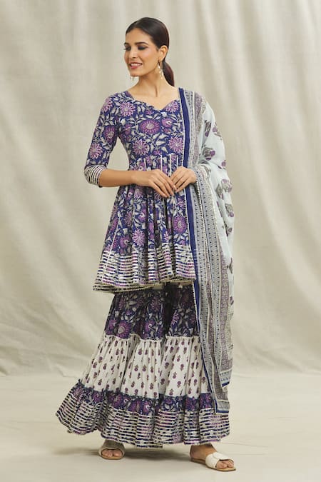Buy_Samyukta Singhania_Blue Cotton Embroidery V-neck Daisy Print Anarkali Sharara Set _Online_at_Aza_Fashions