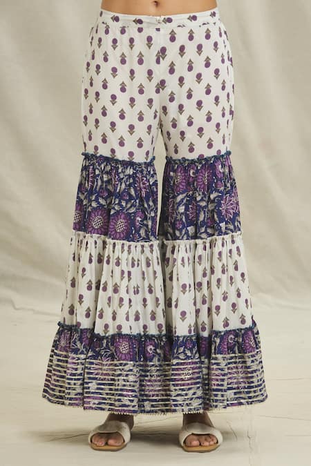 Samyukta Singhania_Blue Cotton Embroidery V-neck Daisy Print Anarkali Sharara Set _at_Aza_Fashions