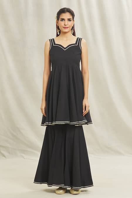 Naintara Bajaj_Black Cotton Gota Patti Sweetheart Neck Sleeveless Anarkali Sharara Set _Online_at_Aza_Fashions