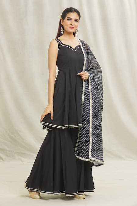 Buy_Naintara Bajaj_Black Cotton Gota Patti Sweetheart Neck Sleeveless Anarkali Sharara Set _Online_at_Aza_Fashions