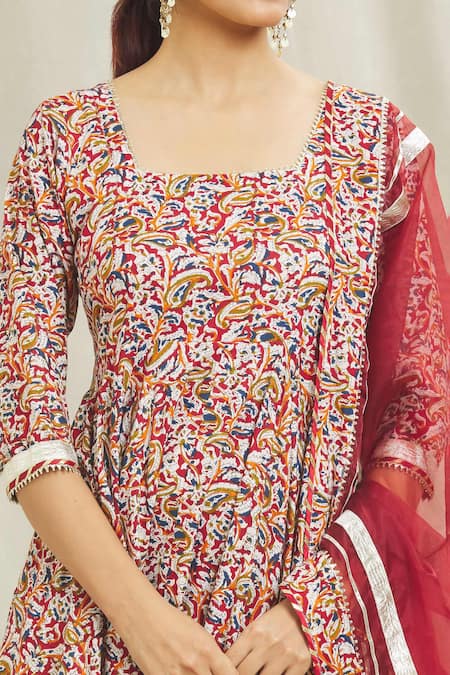 Shop_Samyukta Singhania_Maroon Cotton Gota Patti Square Neck Paisley Print Anarkali Pant Set _Online_at_Aza_Fashions