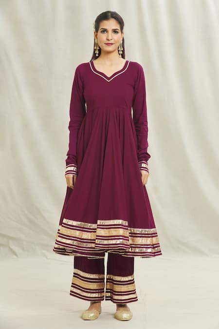 Samyukta Singhania_Purple Cotton, Organza Gota Patti Placement Work Anarkali Pant Set _Online_at_Aza_Fashions