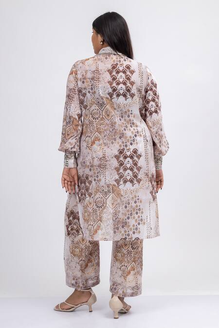 Shop Mamicha Off White Georgette Embroidery Alice Flora Print High Low Tunic Pant Set at Aza Fashions Shop_Mamicha_Off White Georgette Embroidery Alice Flora Print High Low Tunic Pant Set_at_Aza_Fashions