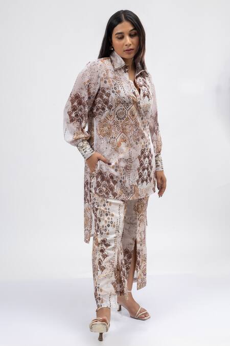 Buy Mamicha Off White Georgette Embroidery Alice Flora Print High Low Tunic Pant Set Online at Aza Fashions Buy_Mamicha_Off White Georgette Embroidery Alice Flora Print High Low Tunic Pant Set_Online_at_Aza_Fashions