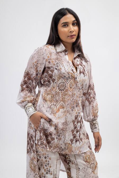 Shop Mamicha Off White Georgette Embroidery Alice Flora Print High Low Tunic Pant Set Online at Aza Fashions Shop_Mamicha_Off White Georgette Embroidery Alice Flora Print High Low Tunic Pant Set_Online_at_Aza_Fashions