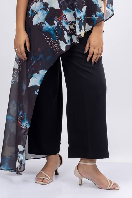 Mamicha_Black Georgette, Cotton One Shoulder Midnight Bloom Tunic With Pant_Online_at_Aza_Fashions