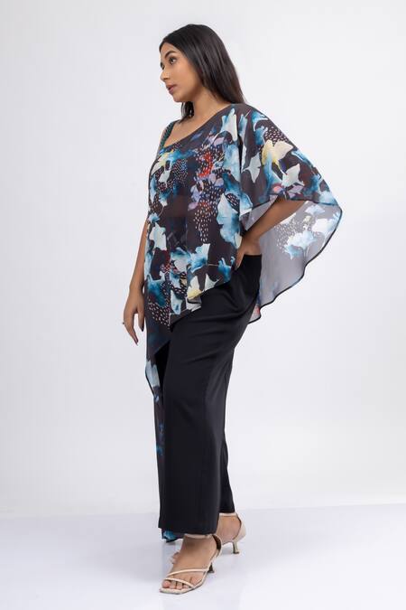 Buy_Mamicha_Black Georgette, Cotton One Shoulder Midnight Bloom Tunic With Pant_Online_at_Aza_Fashions