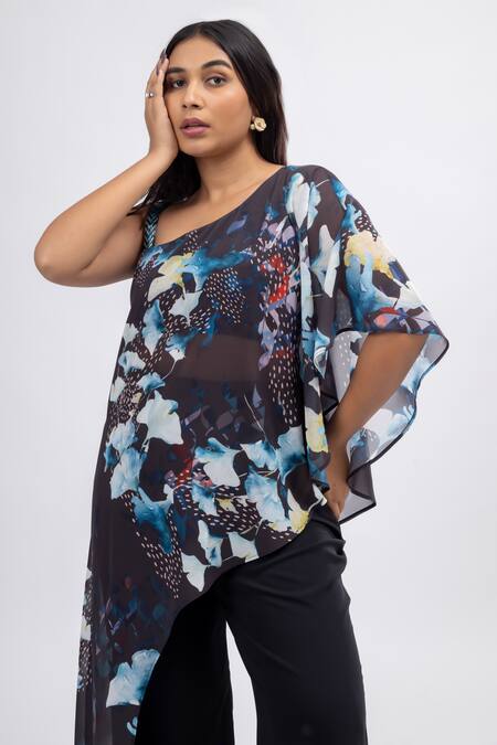 Shop_Mamicha_Black Georgette, Cotton One Shoulder Midnight Bloom Tunic With Pant_Online_at_Aza_Fashions
