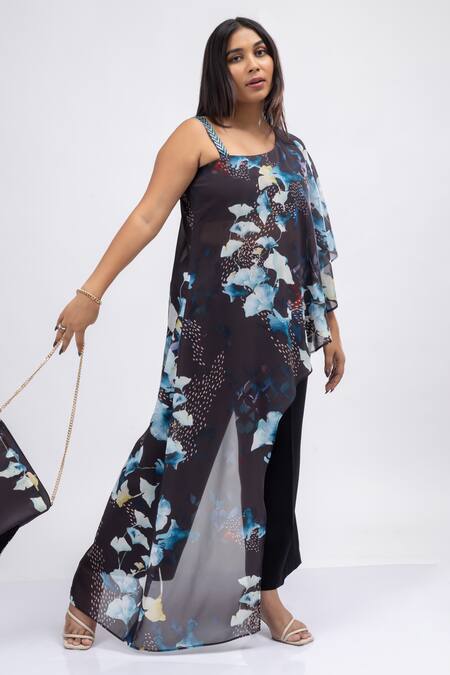 Mamicha_Black Georgette, Cotton One Shoulder Midnight Bloom Tunic With Pant_at_Aza_Fashions