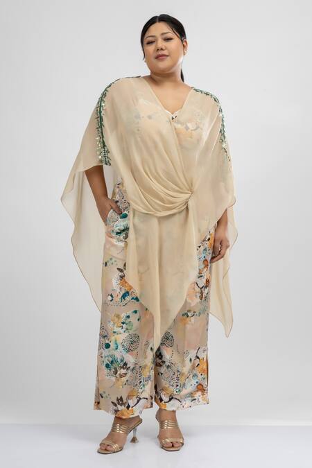 Mamicha_Beige Satin, Crepe Beads V-neck Claude Monet Botanic Print Cape Pant Set_Online_at_Aza_Fashions