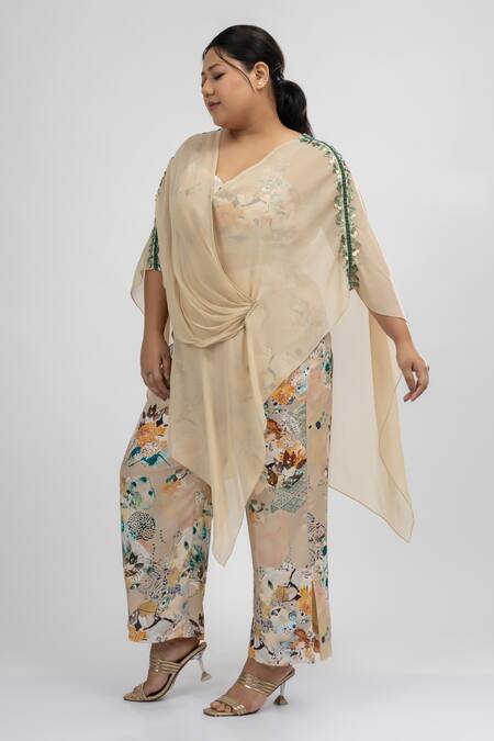 Buy_Mamicha_Beige Satin, Crepe Beads V-neck Claude Monet Botanic Print Cape Pant Set_Online_at_Aza_Fashions
