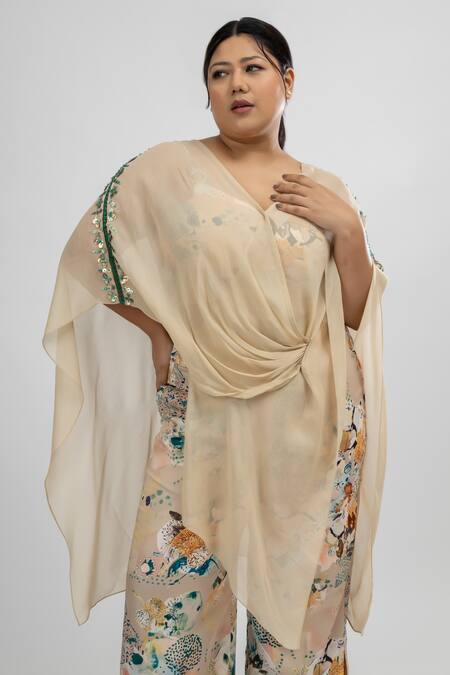 Shop_Mamicha_Beige Satin, Crepe Beads V-neck Claude Monet Botanic Print Cape Pant Set_Online_at_Aza_Fashions