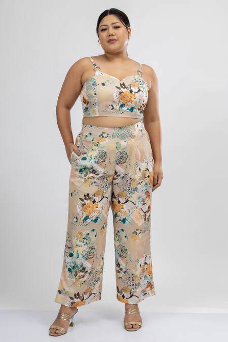Mamicha_Beige Satin, Crepe Beads V-neck Claude Monet Botanic Print Cape Pant Set_at_Aza_Fashions