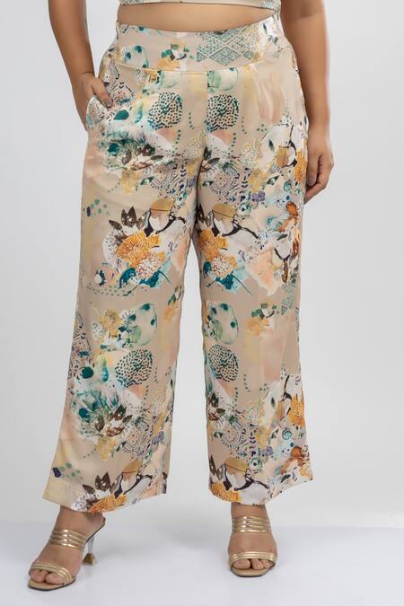 Buy_Mamicha_Beige Satin, Crepe Beads V-neck Claude Monet Botanic Print Cape Pant Set