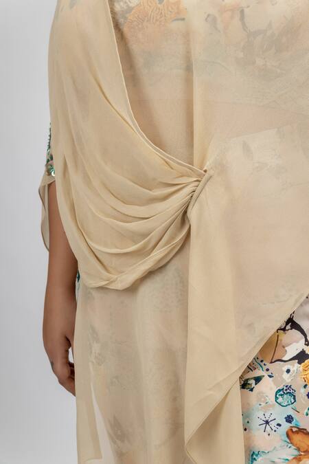 Shop_Mamicha_Beige Satin, Crepe Beads V-neck Claude Monet Botanic Print Cape Pant Set