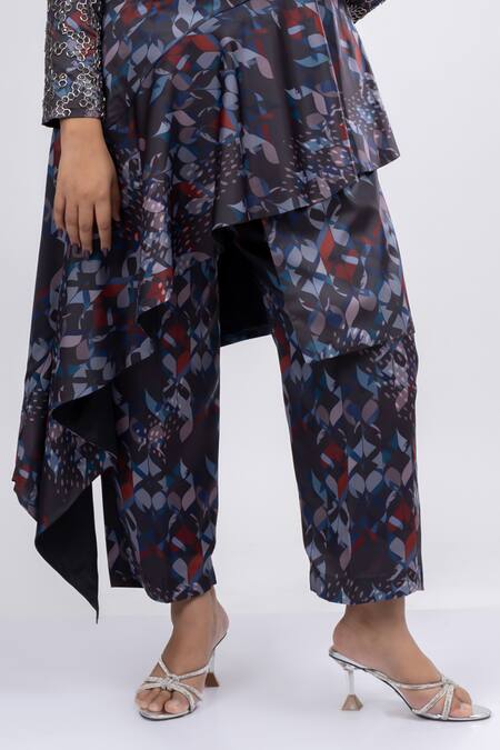 Mamicha_Black Satin, Crepe V-neck Nighthawks Print Asymmetric Tunic With Pant_Online_at_Aza_Fashions