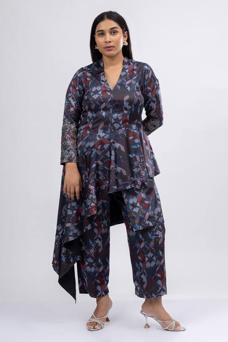 Buy_Mamicha_Black Satin, Crepe V-neck Nighthawks Print Asymmetric Tunic With Pant_Online_at_Aza_Fashions