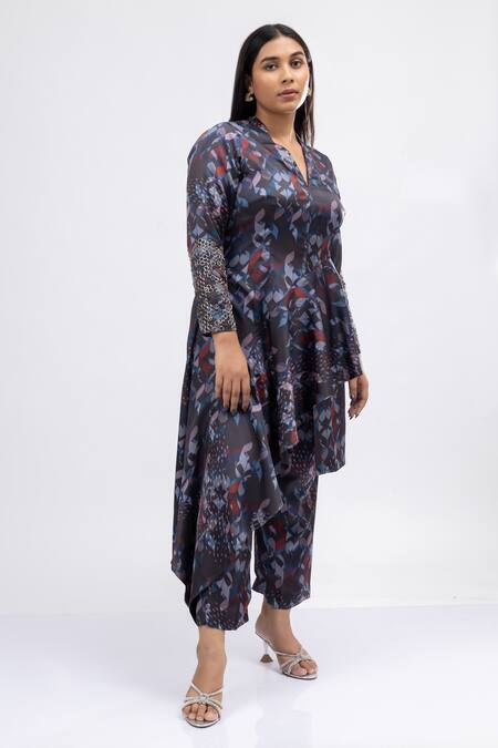 Shop_Mamicha_Black Satin, Crepe V-neck Nighthawks Print Asymmetric Tunic With Pant_Online_at_Aza_Fashions