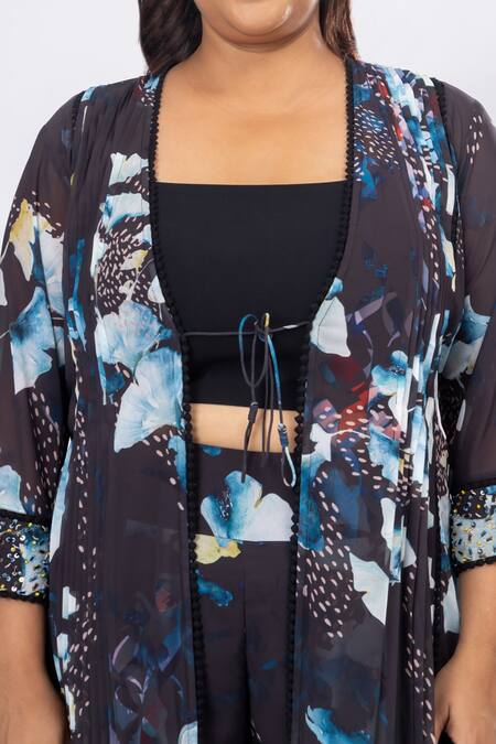 Mamicha Black Georgette Sequins Nocturne Print Cape Pant Set at Aza Fashions Mamicha_Black Georgette Sequins Nocturne Print Cape Pant Set_at_Aza_Fashions