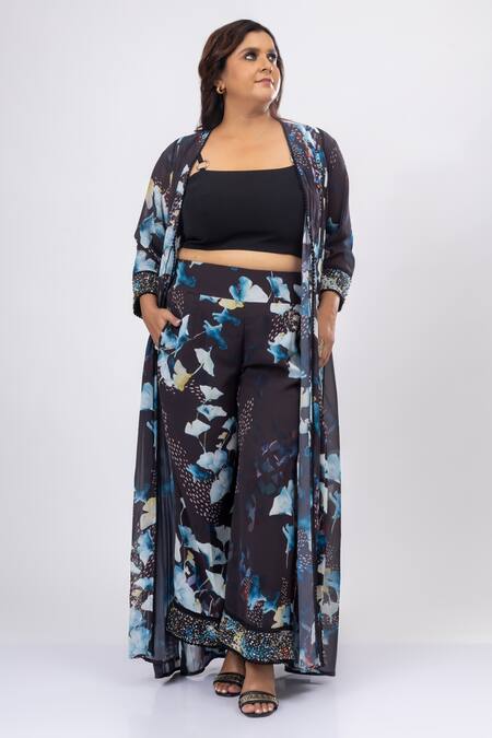Buy Mamicha Black Georgette Sequins Nocturne Print Cape Pant Set Buy_Mamicha_Black Georgette Sequins Nocturne Print Cape Pant Set