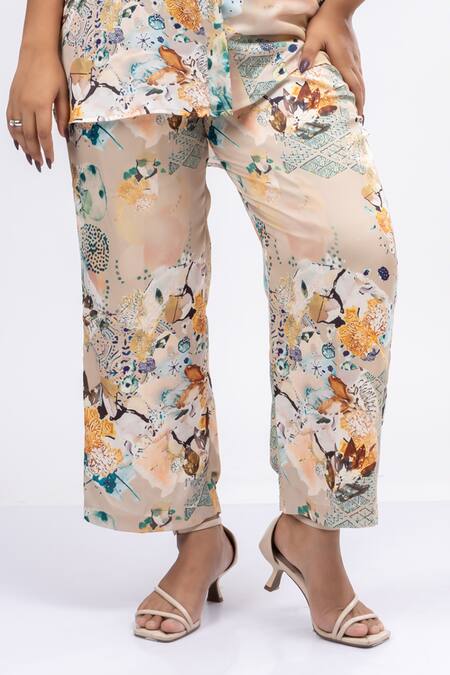 Mamicha_Beige Satin, Crepe Sequins, Embroidery Ophelia Bloom Print Shirt With Pant_Online_at_Aza_Fashions