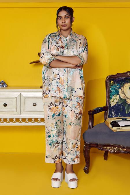 Buy_Mamicha_Beige Satin, Crepe Sequins, Embroidery Ophelia Bloom Print Shirt With Pant_Online_at_Aza_Fashions