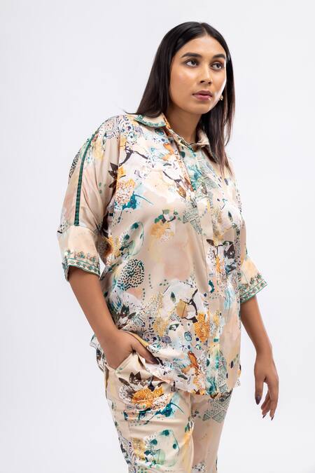 Shop_Mamicha_Beige Satin, Crepe Sequins, Embroidery Ophelia Bloom Print Shirt With Pant_Online_at_Aza_Fashions