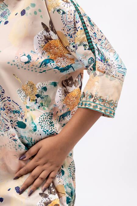 Mamicha_Beige Satin, Crepe Sequins, Embroidery Ophelia Bloom Print Shirt With Pant_at_Aza_Fashions