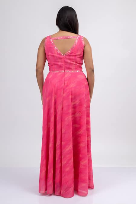 Shop_Mamicha_Pink Georgette Embroidery V-neck Foliage Swirl Print Front Cut Out Gown_at_Aza_Fashions