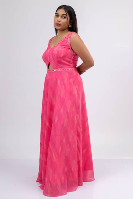 Mamicha_Pink Georgette Embroidery V-neck Foliage Swirl Print Front Cut Out Gown_Online_at_Aza_Fashions