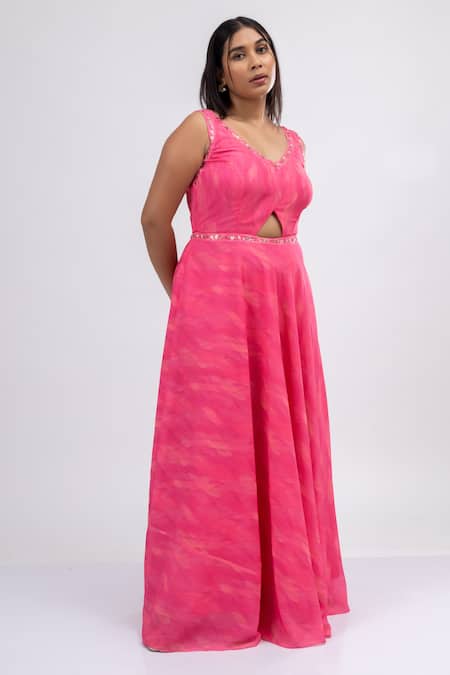 Buy_Mamicha_Pink Georgette Embroidery V-neck Foliage Swirl Print Front Cut Out Gown_Online_at_Aza_Fashions
