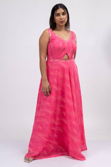 Shop_Mamicha_Pink Georgette Embroidery V-neck Foliage Swirl Print Front Cut Out Gown_Online_at_Aza_Fashions