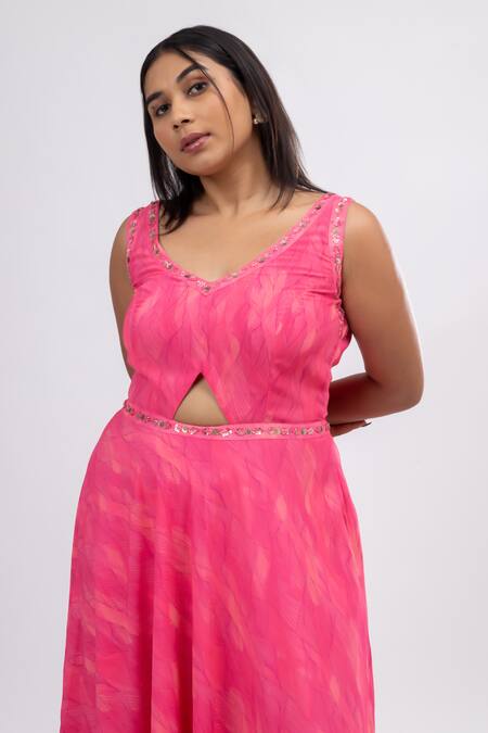 Mamicha_Pink Georgette Embroidery V-neck Foliage Swirl Print Front Cut Out Gown_at_Aza_Fashions