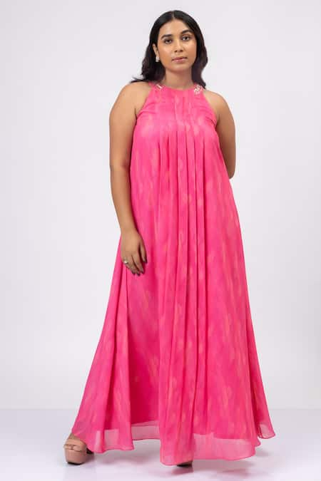 Mamicha Pink Georgette Print Irises Halter Neck Maxi Dress  