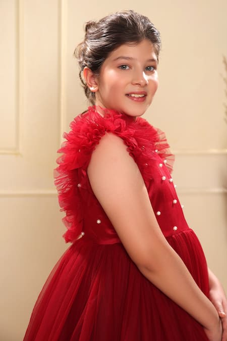 Buy_Littlecheer_Red Cotton, Net Pearls Embellished Bodice Gown _Online_at_Aza_Fashions
