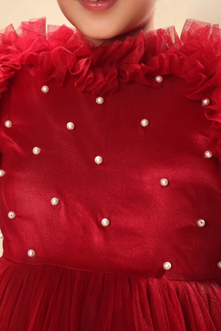 Shop_Littlecheer_Red Cotton, Net Pearls Embellished Bodice Gown _Online_at_Aza_Fashions