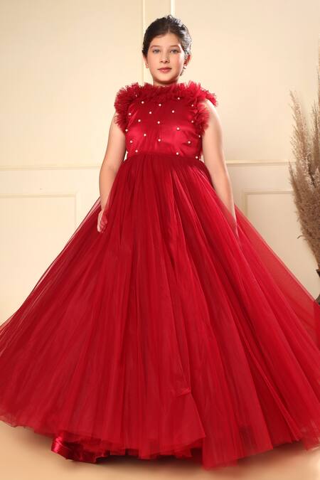 Littlecheer_Red Cotton, Net Pearls Embellished Bodice Gown _at_Aza_Fashions