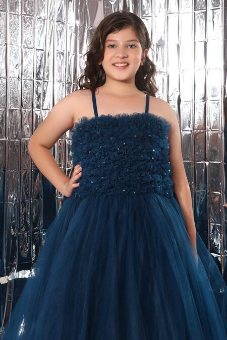 Littlecheer_Blue Cotton Crystals Ruffled Bodice Gown _Online_at_Aza_Fashions