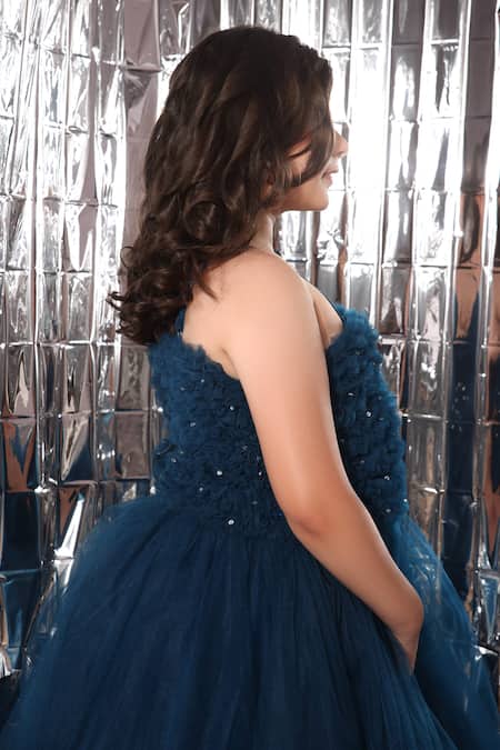 Shop_Littlecheer_Blue Cotton Crystals Ruffled Bodice Gown _Online_at_Aza_Fashions