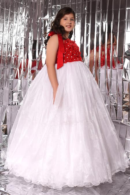 Littlecheer_Red Net, Cotton Fabric Flowers Floral Applique Bodice Gown _Online_at_Aza_Fashions