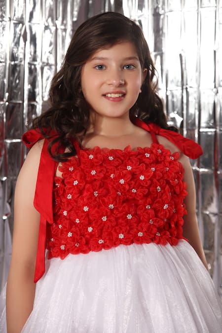 Buy_Littlecheer_Red Net, Cotton Fabric Flowers Floral Applique Bodice Gown _Online_at_Aza_Fashions