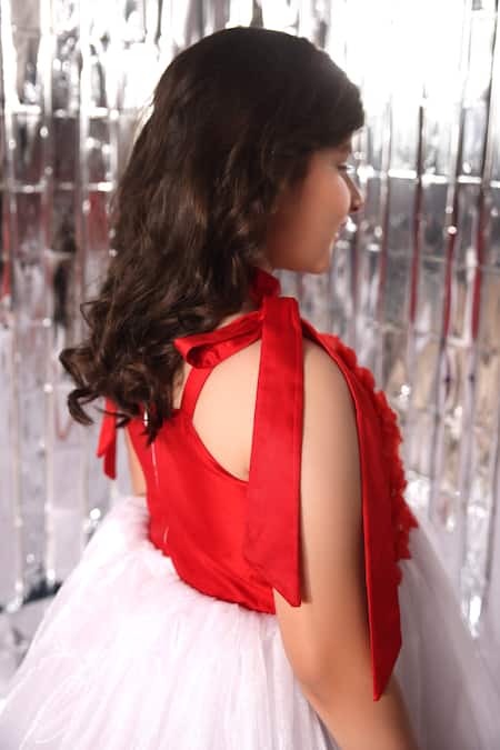Shop_Littlecheer_Red Net, Cotton Fabric Flowers Floral Applique Bodice Gown _Online_at_Aza_Fashions