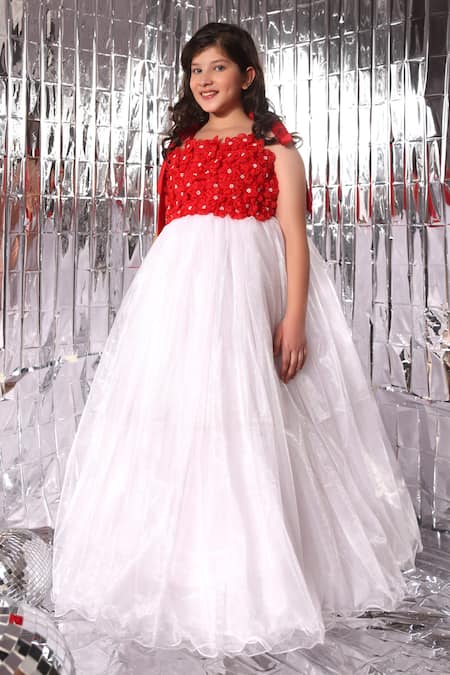 Shop_Littlecheer_Red Net, Cotton Fabric Flowers Floral Applique Bodice Gown _at_Aza_Fashions